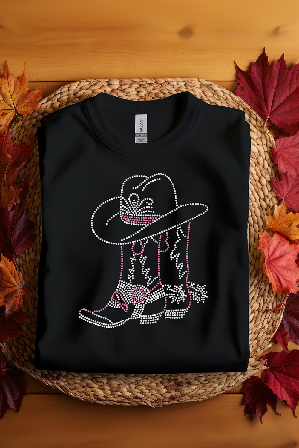 Black Rhinestone Boots Hats Graphic Crew Neck Tee