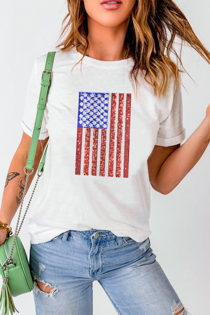 White Shimmery USA Flag Graphic Round Neck Tee