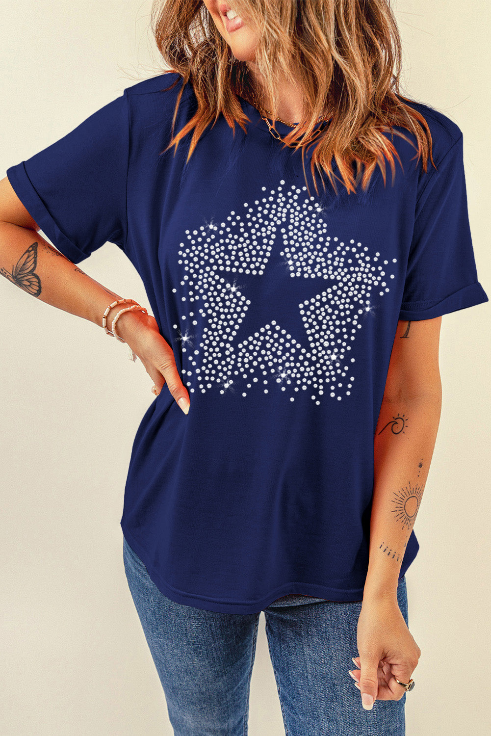 Blue Rhinestone Star Graphic Crew Neck Tee