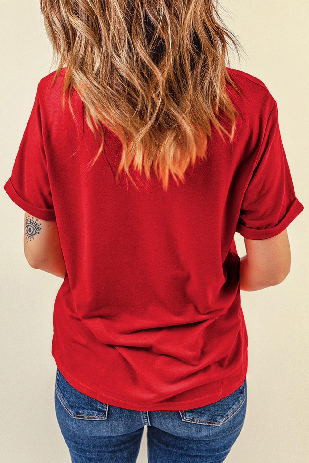 Red Star Graphic Round Neck Roll Up Sleeve Tee