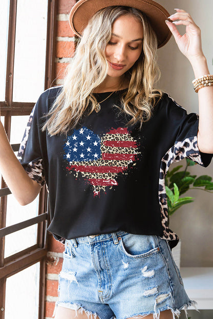 Black Leopard American Flag Heart Shape Graphic T Shirt