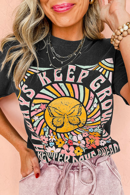 Black &quot;Always Keep Growing&quot; Butterfly Flower Graphic Tee