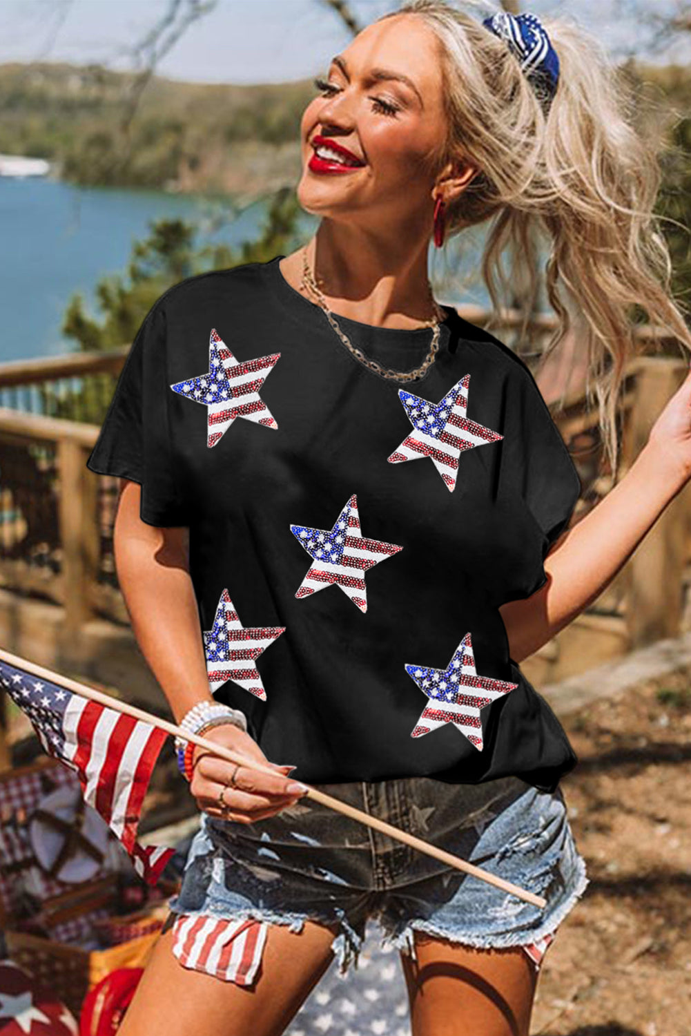 White Sequin American Flag Star Graphic T Shirt