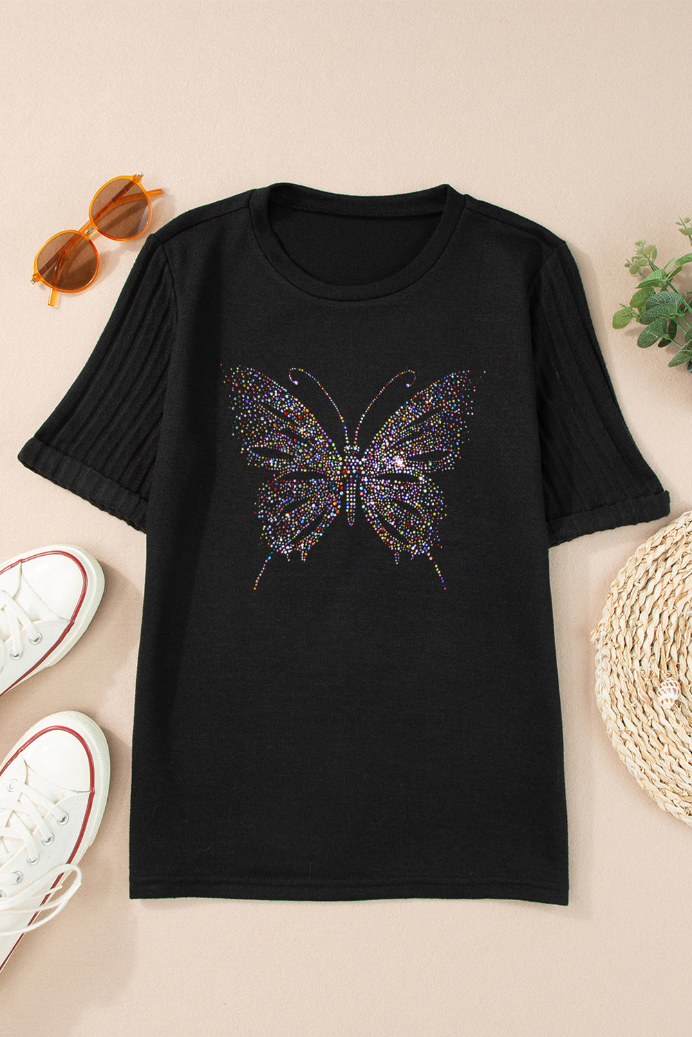 Black Butterfly Graphic Round Neck T Shirt