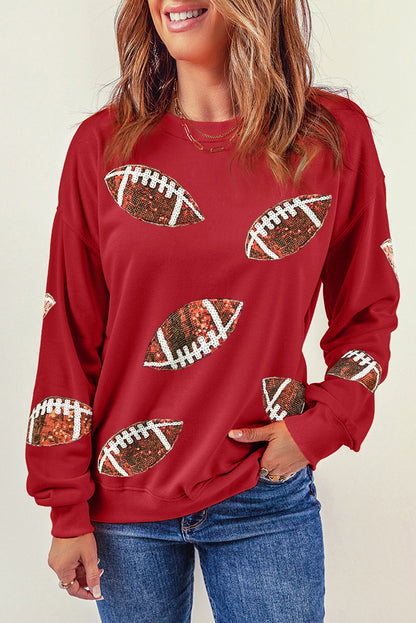 Red Sequined Rugby Graphic Drop Shoulder Sweatshirt