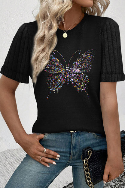 Black Butterfly Graphic Round Neck T Shirt