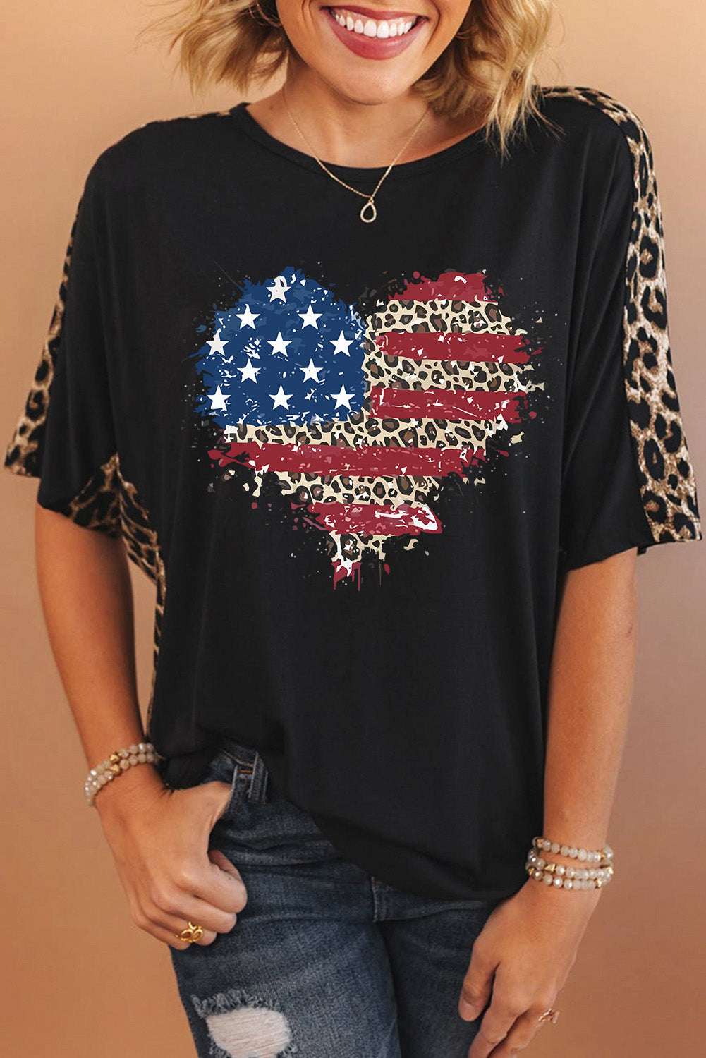 Black Leopard American Flag Heart Shape Graphic T Shirt