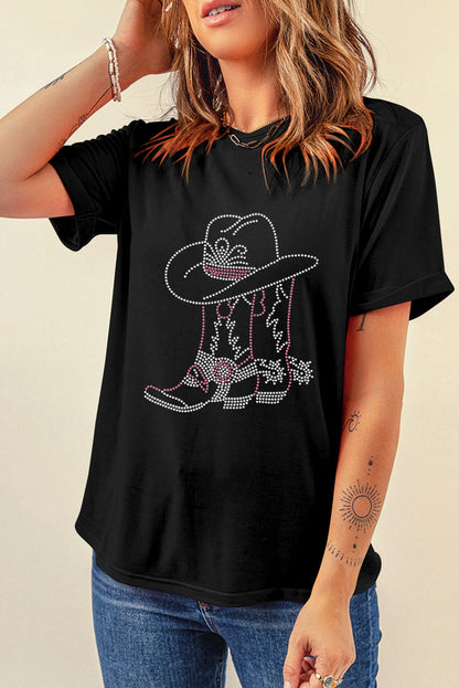 Black Rhinestone Boots Hats Graphic Crew Neck Tee