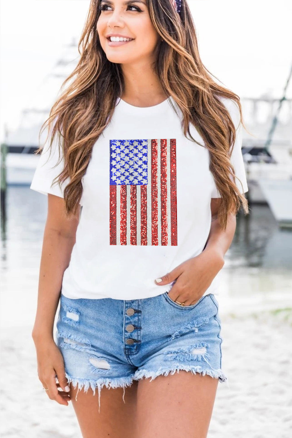 White Shimmery USA Flag Graphic Round Neck Tee