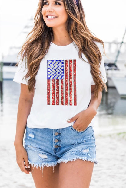 White Shimmery USA Flag Graphic Round Neck Tee