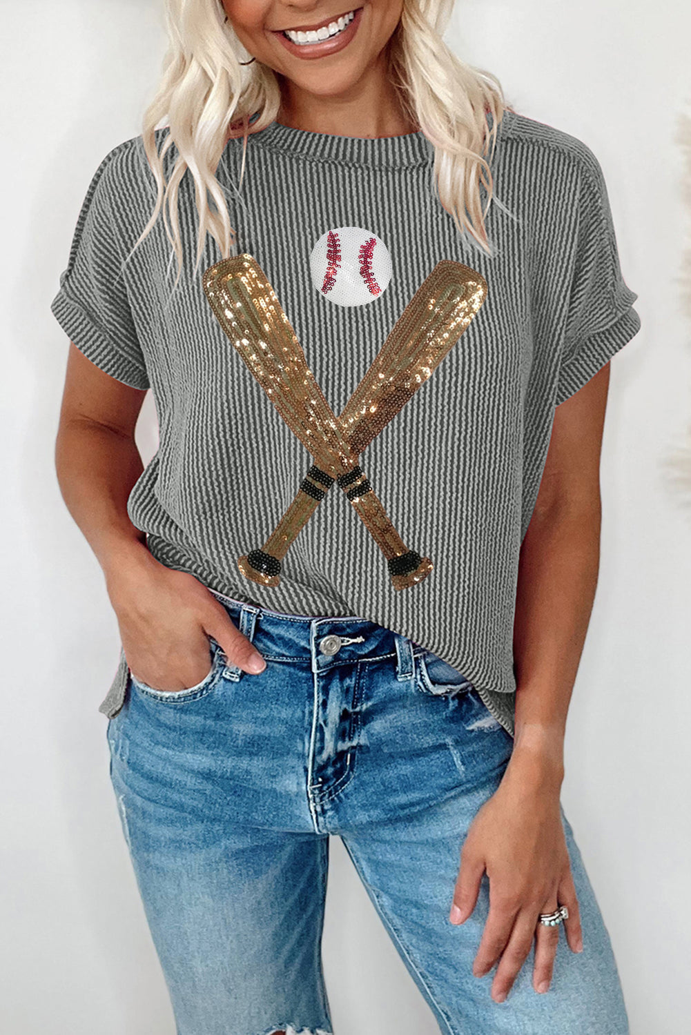 Medium Grey Ribbed Knit Sequin Baseball Graphic T Shirt