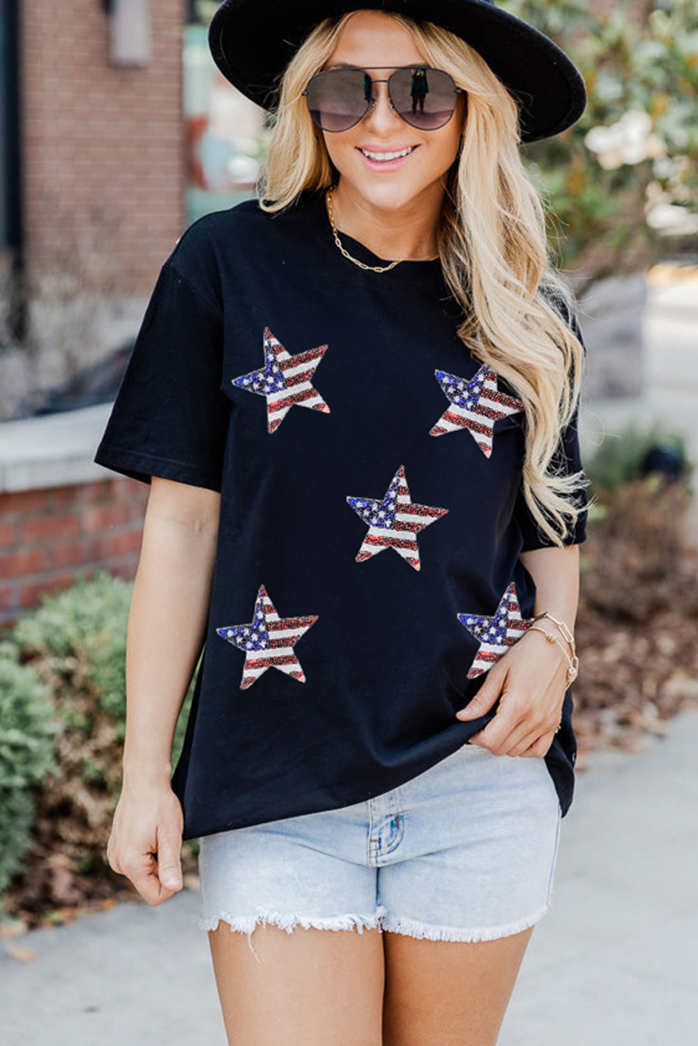 White Sequin American Flag Star Graphic T Shirt