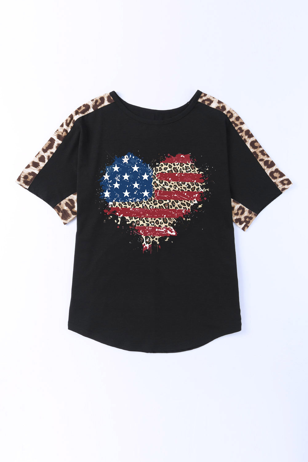 Black Leopard American Flag Heart Shape Graphic T Shirt