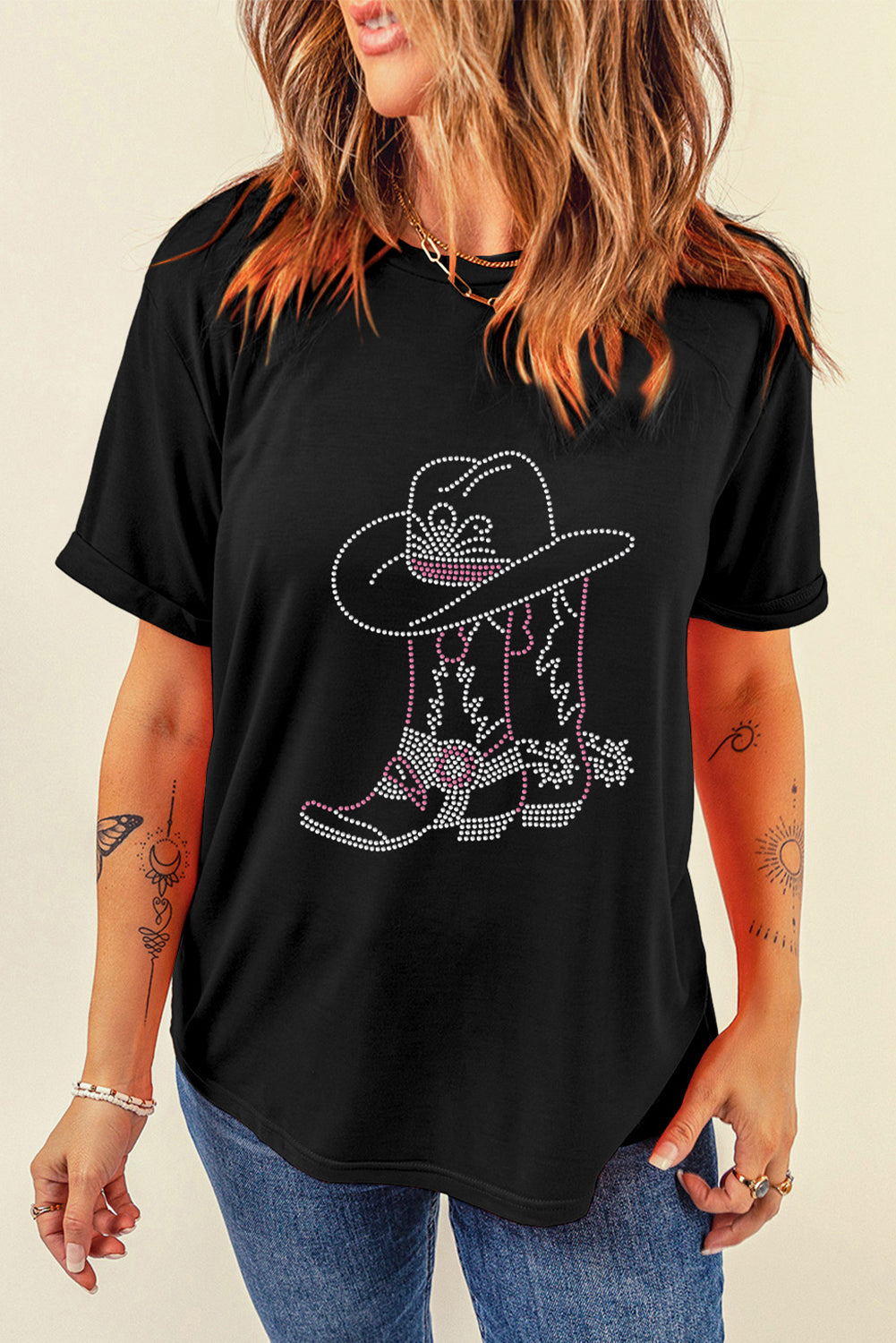 Black Rhinestone Boots Hats Graphic Crew Neck Tee