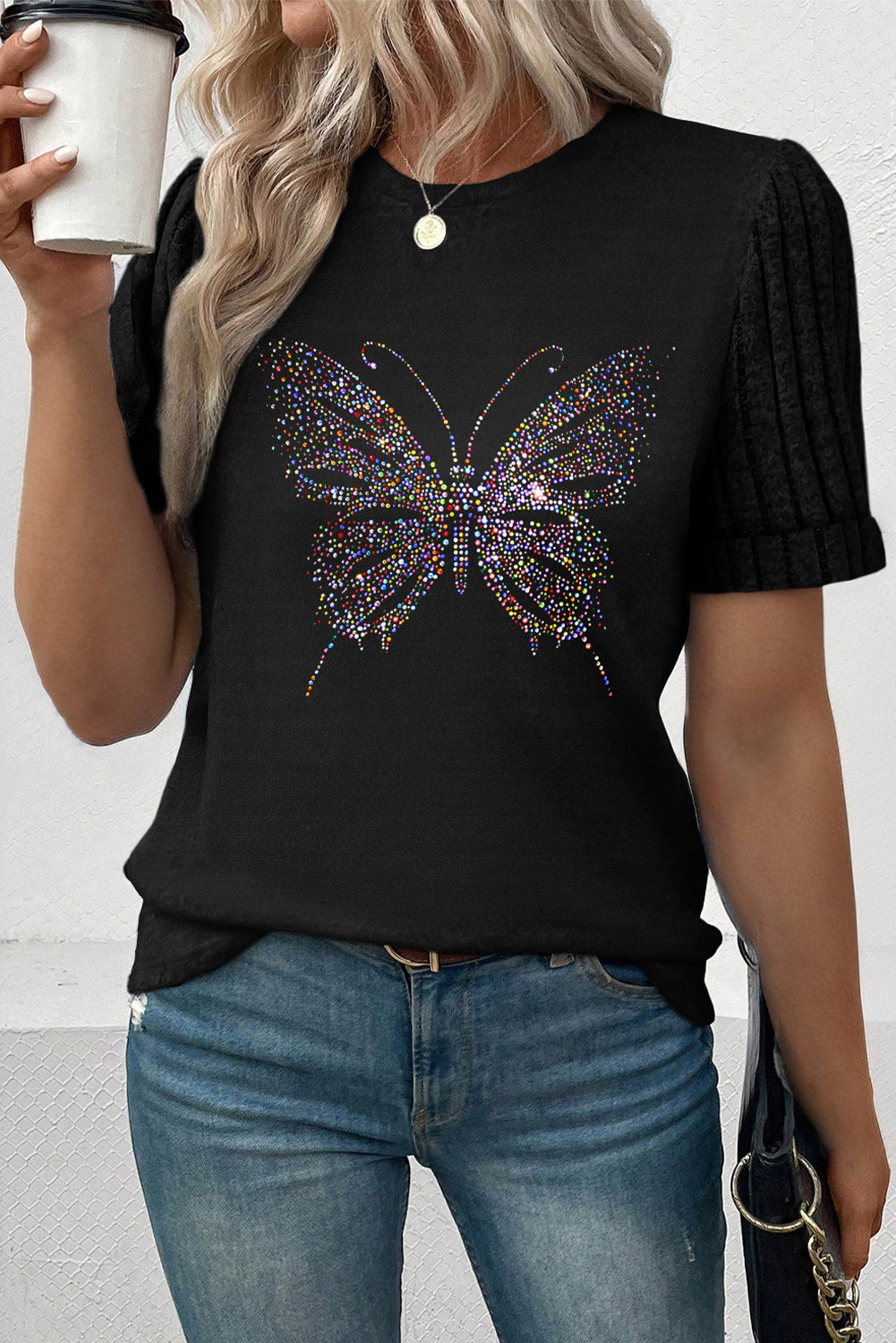 Black Butterfly Graphic Round Neck T Shirt