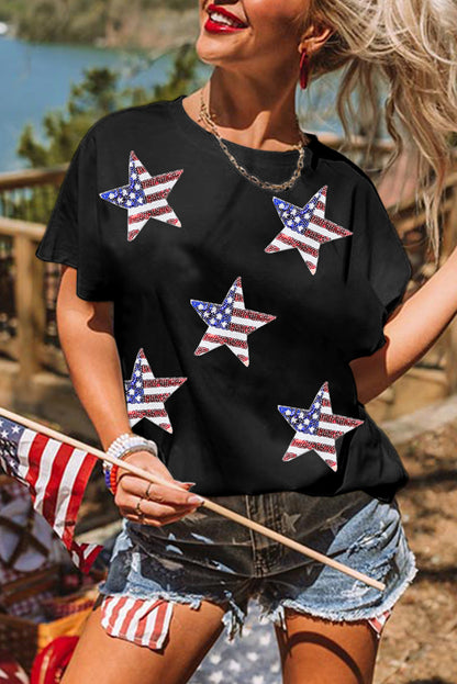 White Sequin American Flag Star Graphic T Shirt