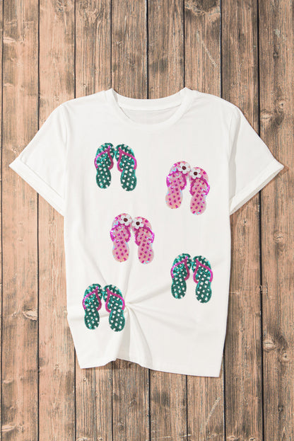 White Sequin Flip Flops Graphic Crew Neck Tee