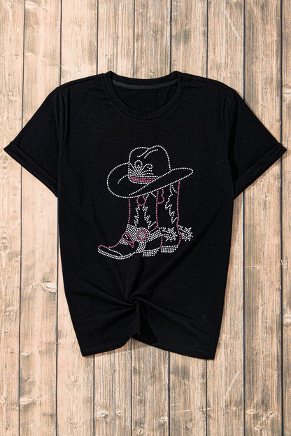 Black Rhinestone Boots Hats Graphic Crew Neck Tee