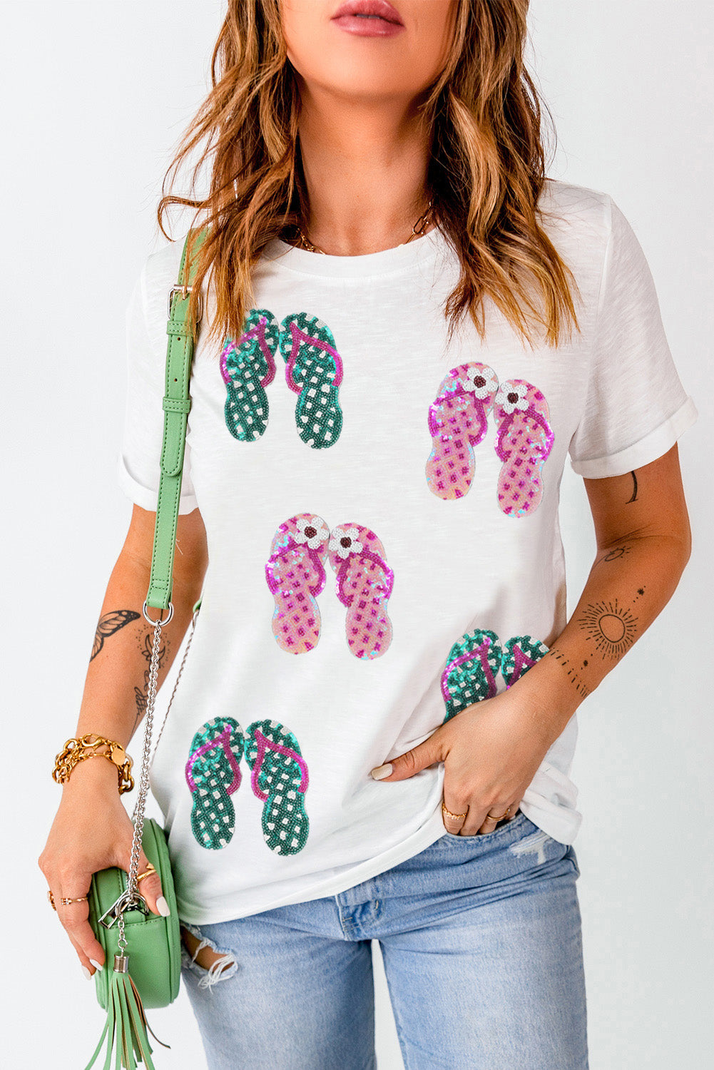 White Sequin Flip Flops Graphic Crew Neck Tee