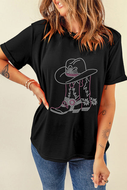 Black Rhinestone Boots Hats Graphic Crew Neck Tee