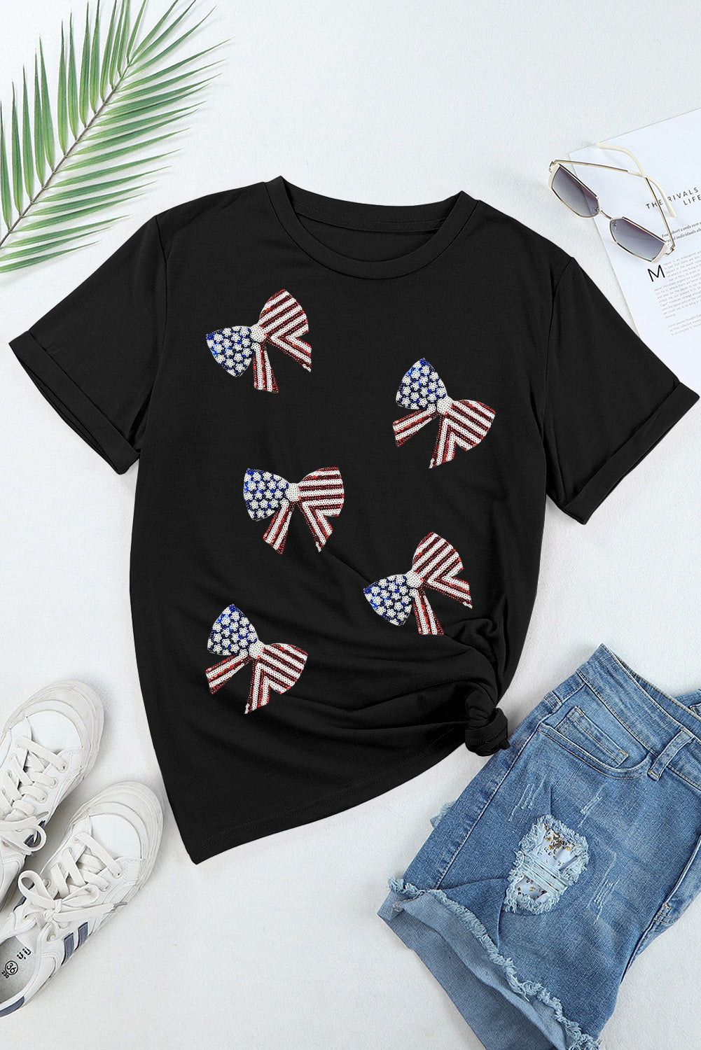 Black Sequined Flag Bowknot Graphic Roll Up Sleeve T Shirt