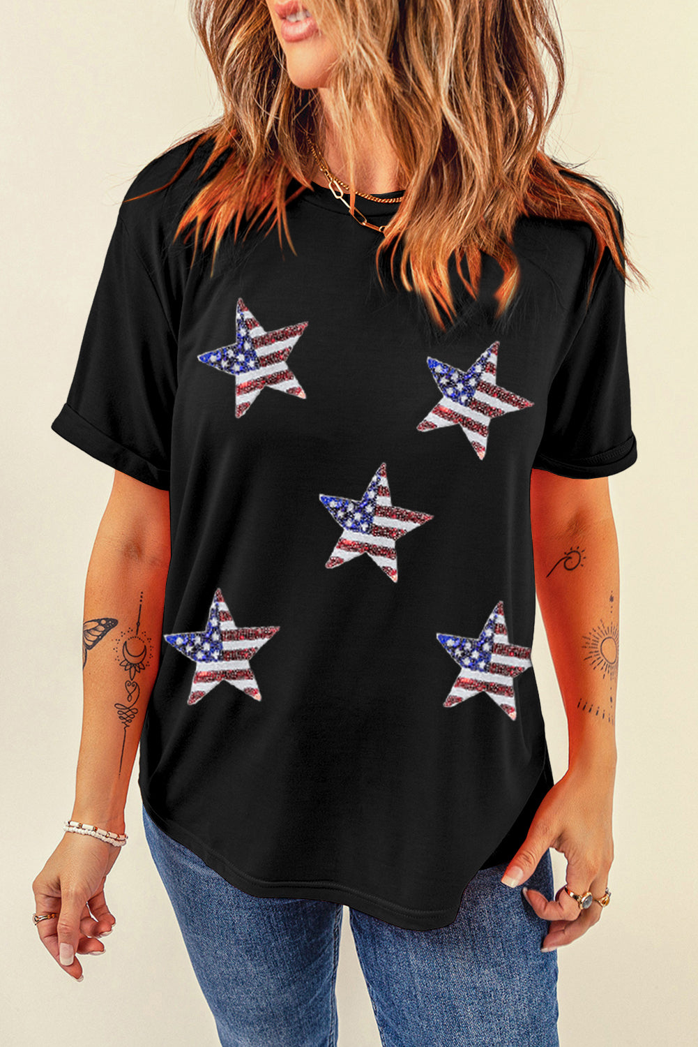 White Sequin American Flag Star Graphic T Shirt