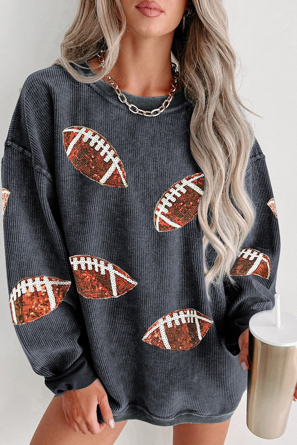 Gray Sequin Rugby Graphic Corded Baggy Sweatshirt