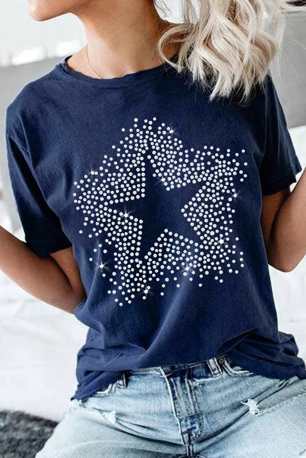 Blue Rhinestone Star Graphic Crew Neck Tee