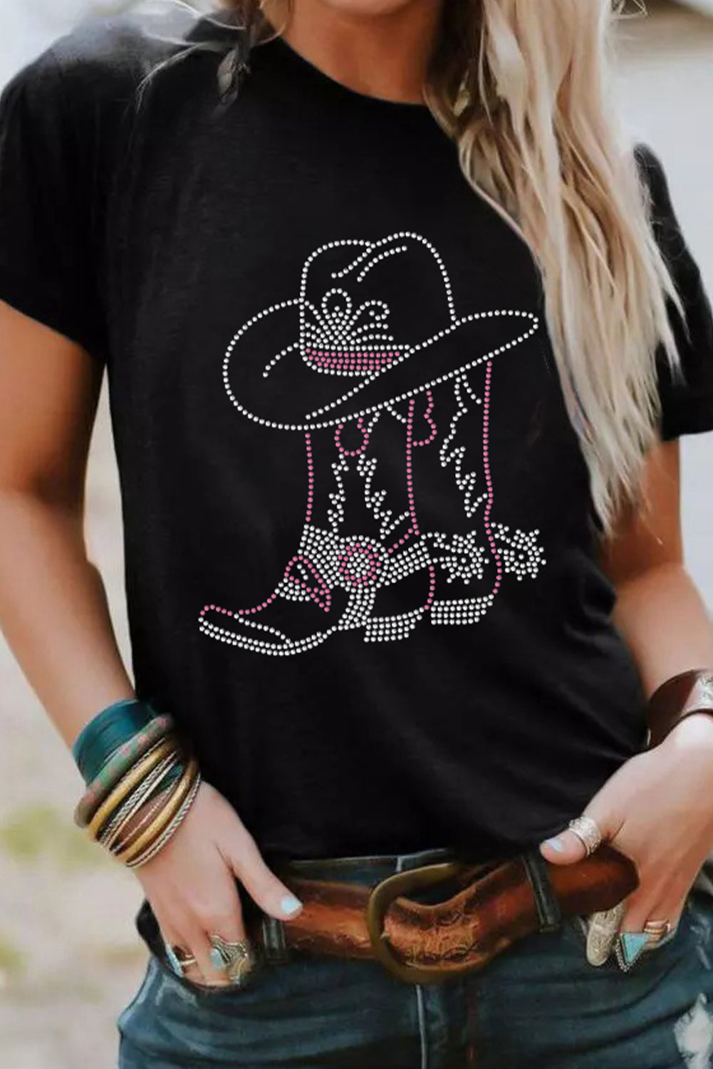 Black Rhinestone Boots Hats Graphic Crew Neck Tee