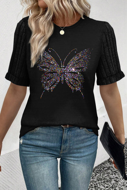 Black Butterfly Graphic Round Neck T Shirt