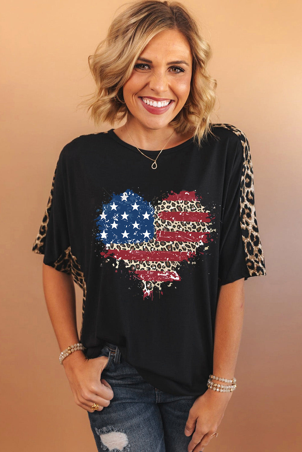 Black Leopard American Flag Heart Shape Graphic T Shirt