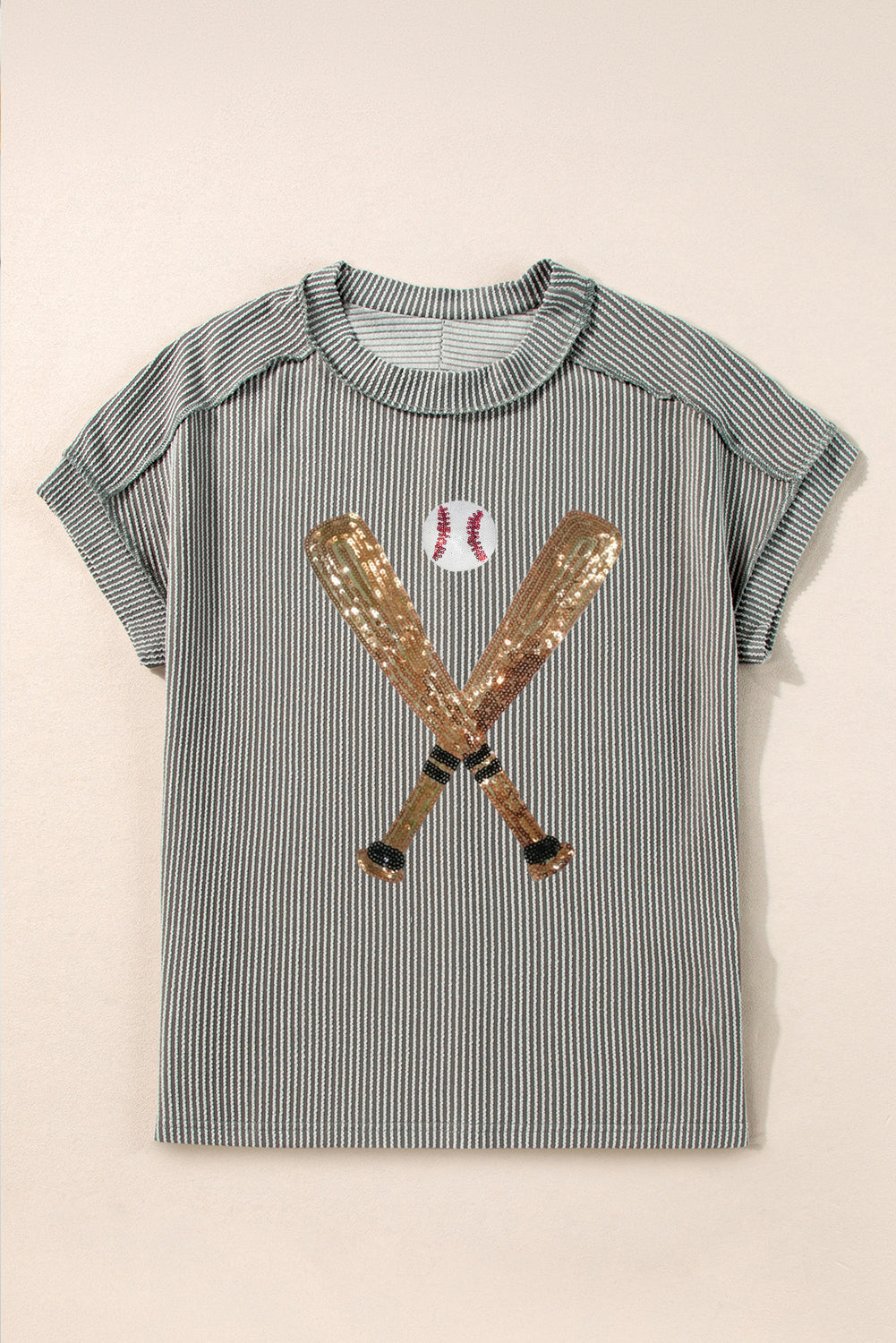 Medium Grey Ribbed Knit Sequin Baseball Graphic T Shirt