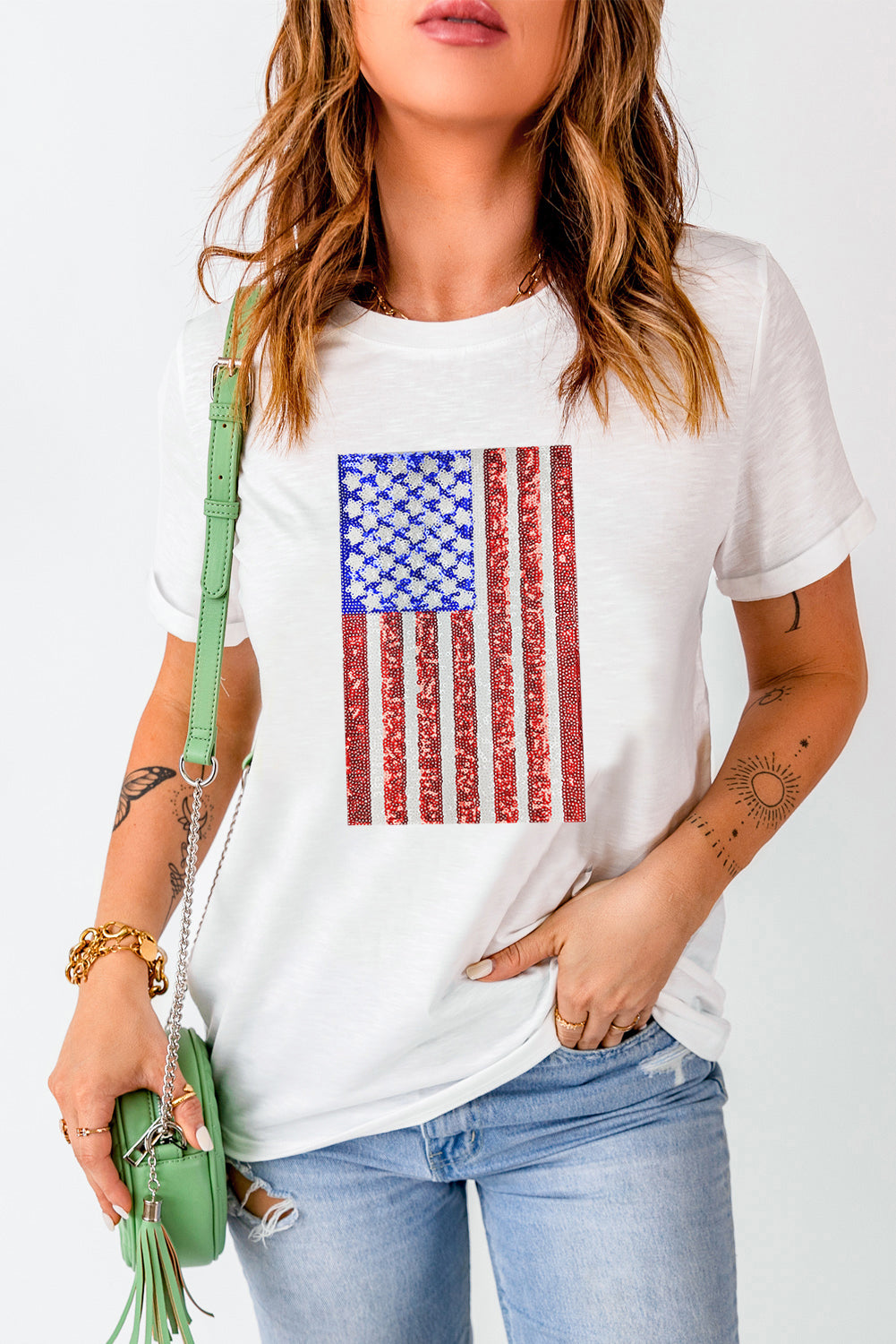 White Shimmery USA Flag Graphic Round Neck Tee