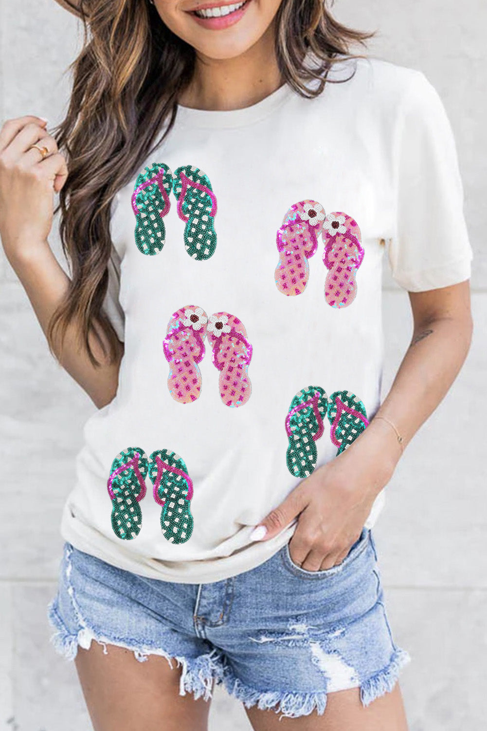 White Sequin Flip Flops Graphic Crew Neck Tee