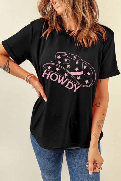 Black Hat Shape &amp; Star HOWDY Graphic T Shirt