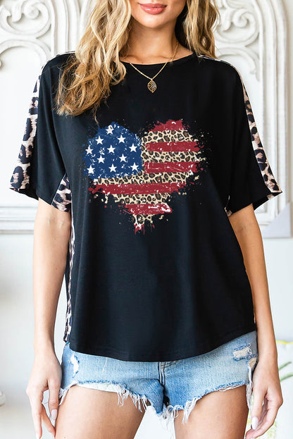 Black Leopard American Flag Heart Shape Graphic T Shirt