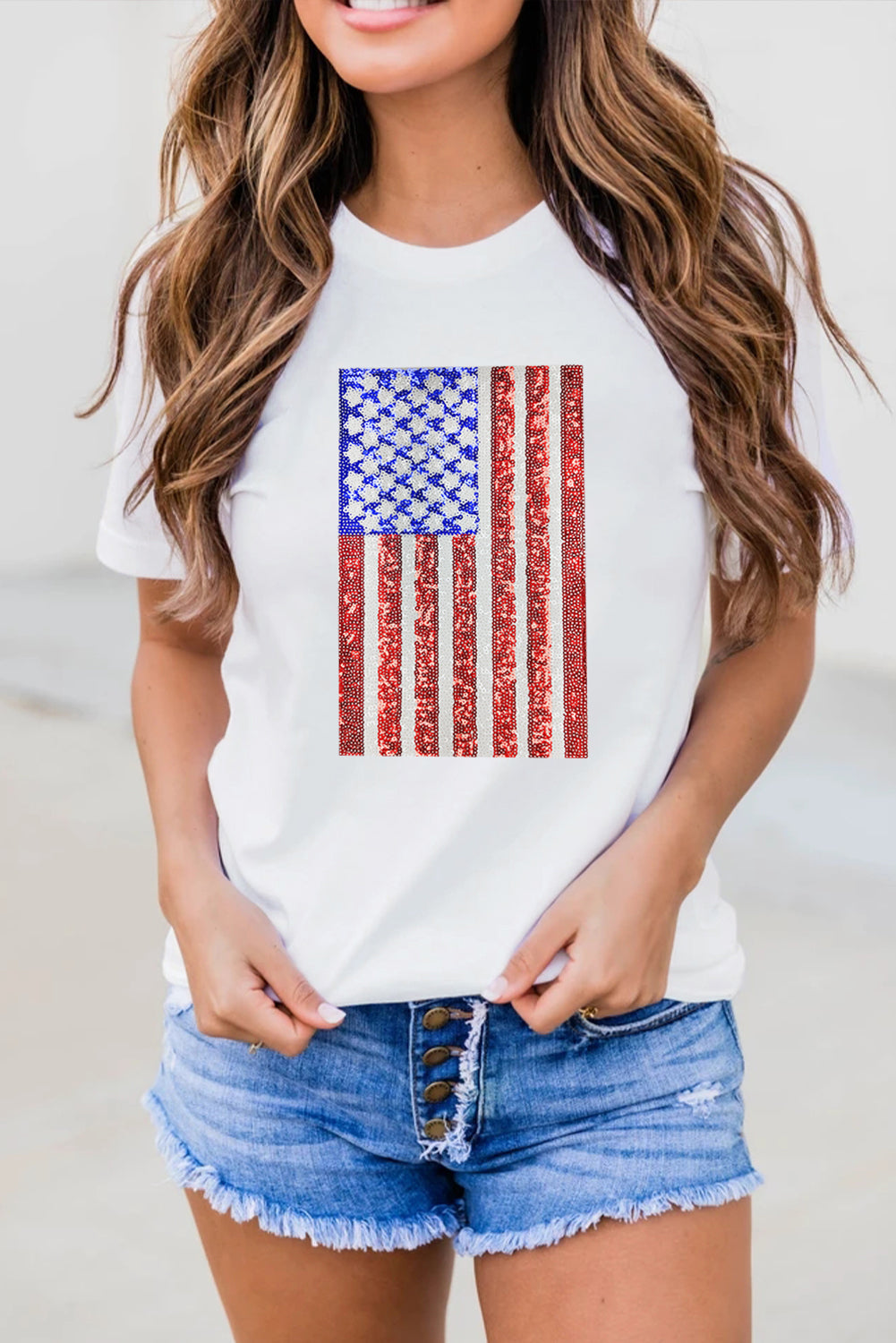 White Shimmery USA Flag Graphic Round Neck Tee