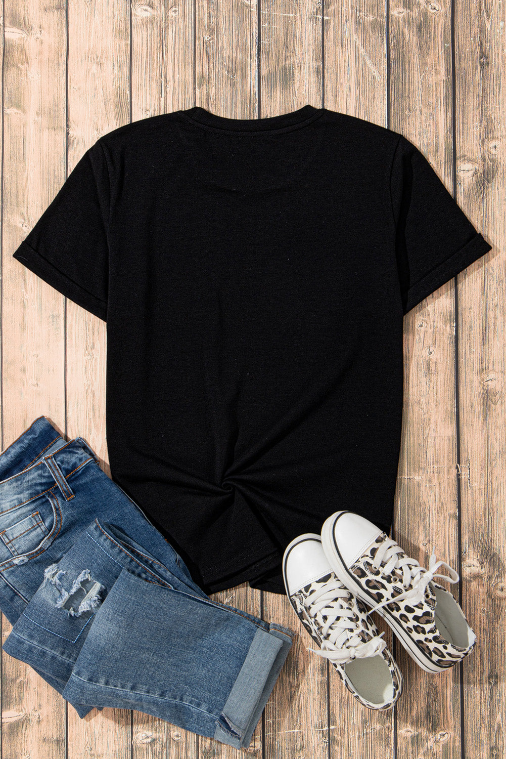 Black Sequin Boots Stars Graphic Round Neck T Shirt