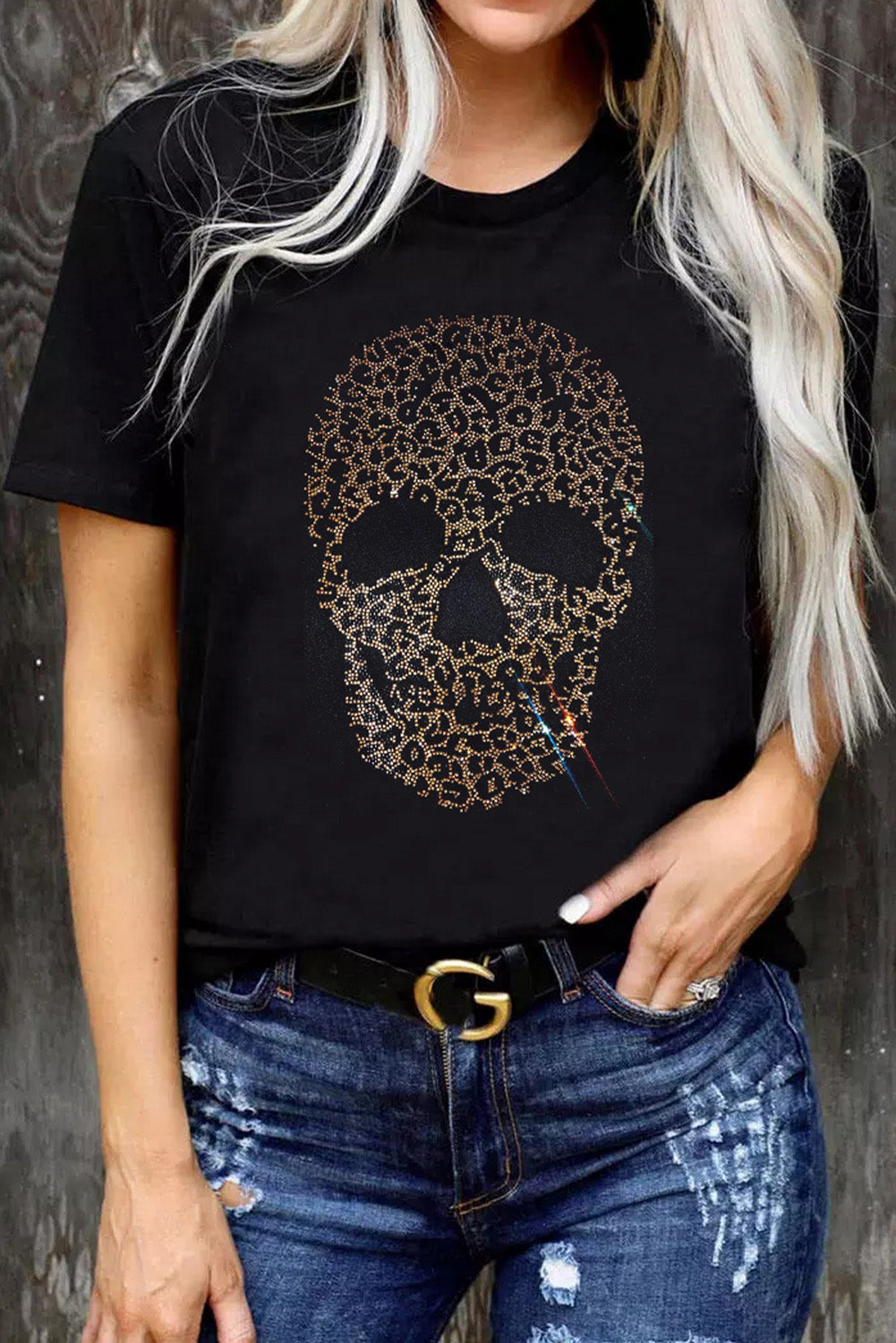 Black Rhinestone Leopard Skull Graphic Crewneck T Shirt